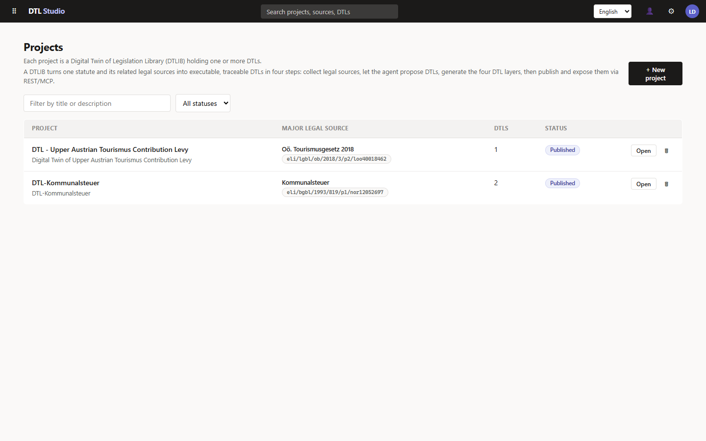 DTL Studio — project dashboard